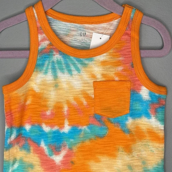 GAP NWT Boys Mango Orange Tie Dye Pocket Tank Top Contrast Trim Size 12-18m - Picture 2 of 6